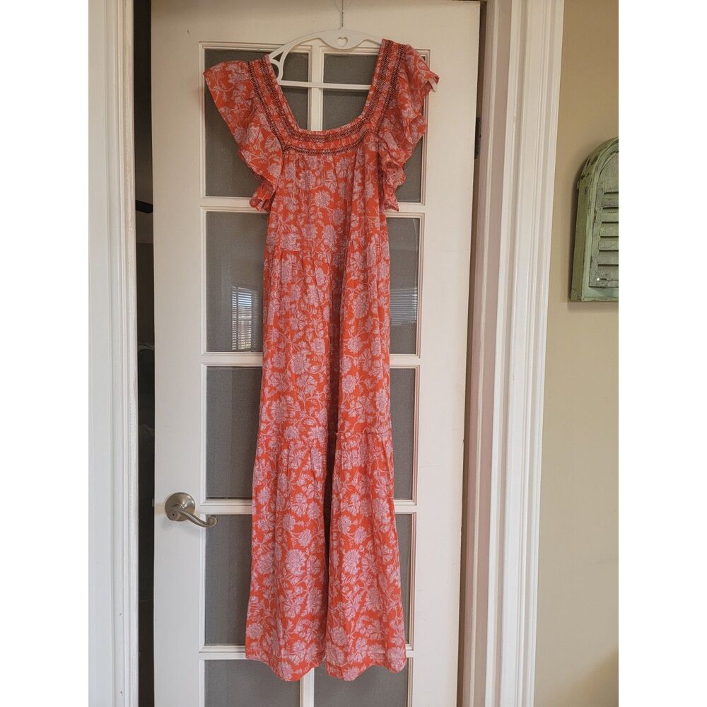 Free People Bonita Printed Floral Midi Dress Red Orange with Slip Cotton Small